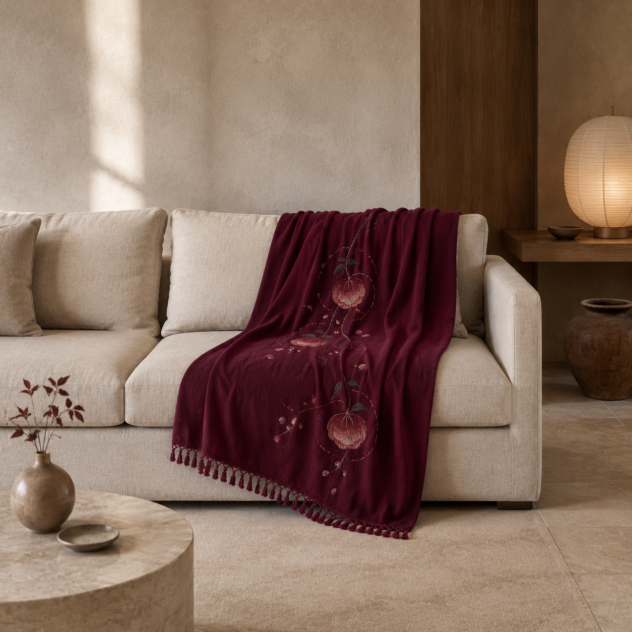 Lantern Camellia Embroidered Throw