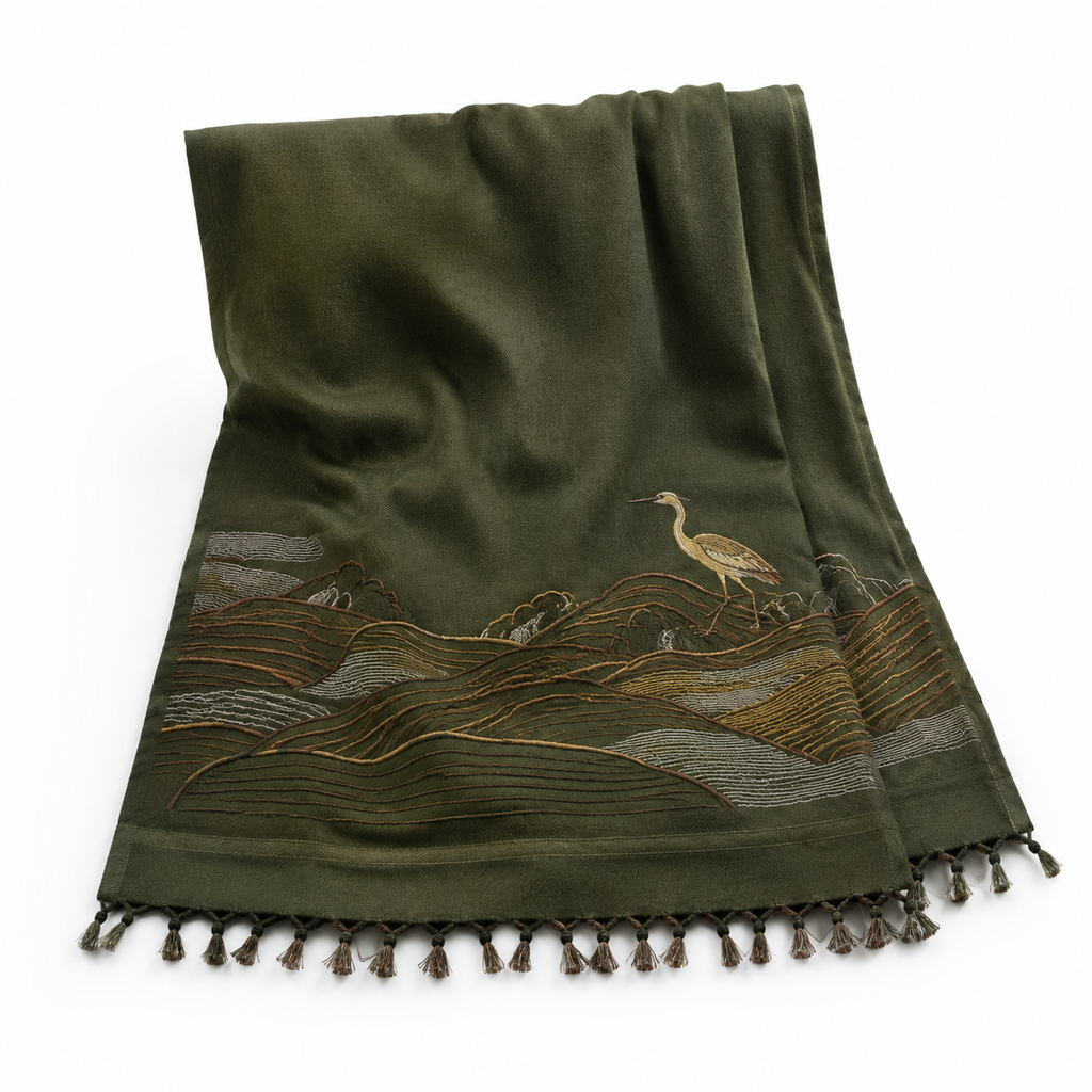 Tea Mountain Heron Embroidered Throw