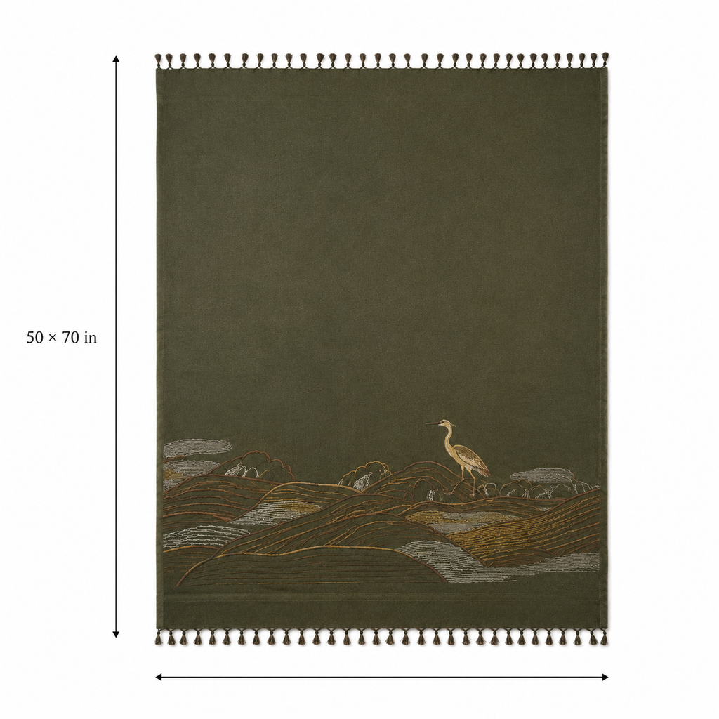 Tea Mountain Heron Embroidered Throw