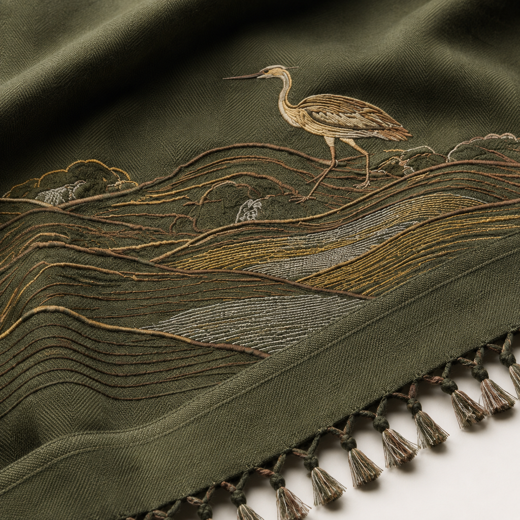 Tea Mountain Heron Embroidered Throw