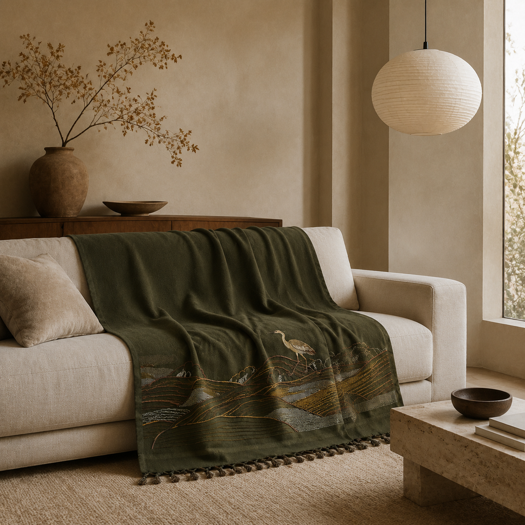 Tea Mountain Heron Embroidered Throw