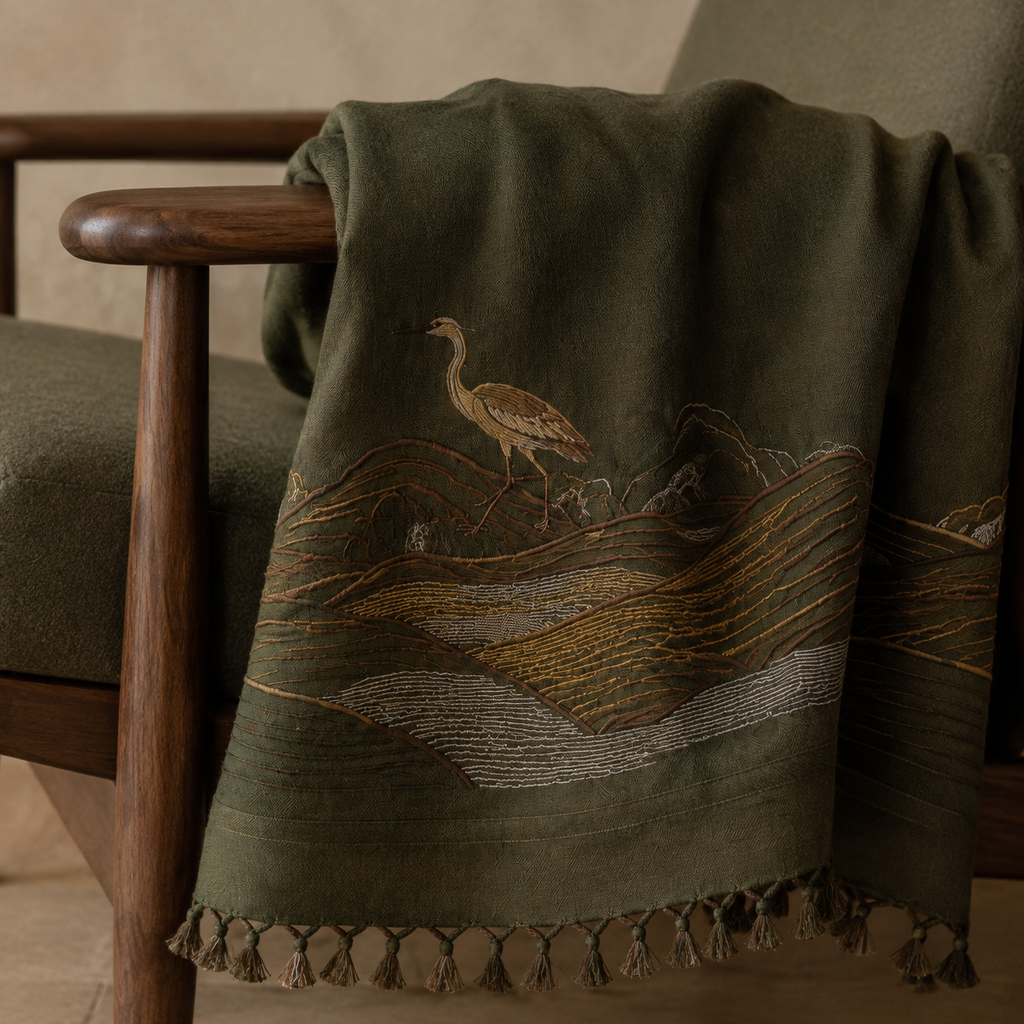 Tea Mountain Heron Embroidered Throw