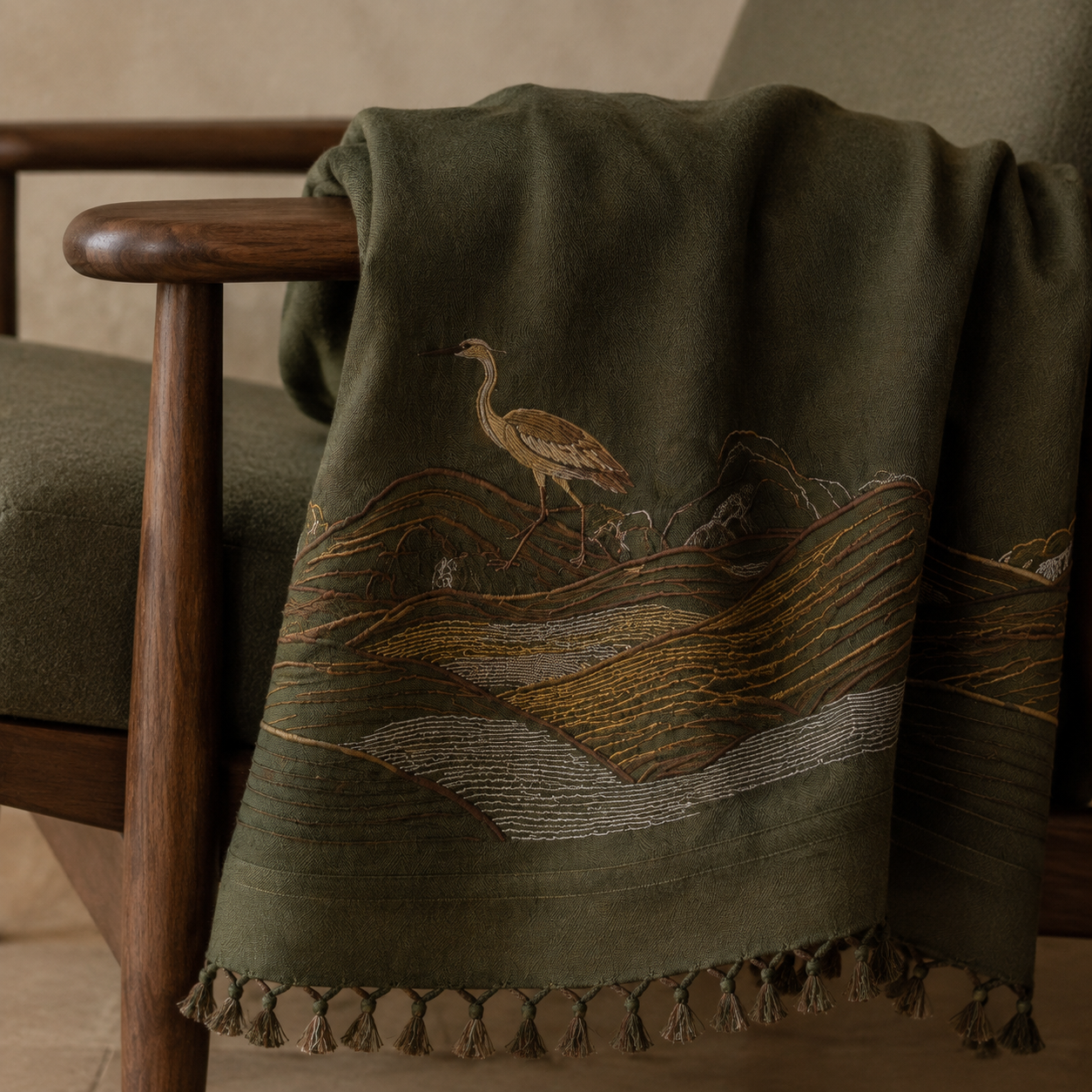 Tea Mountain Heron Embroidered Throw